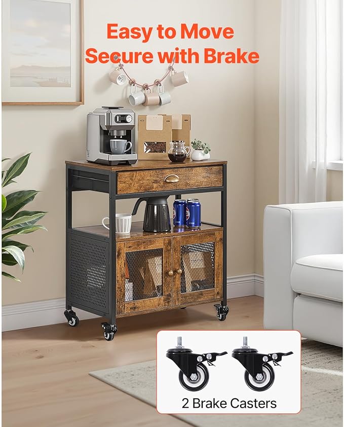 VEVOR Coffee Bar Cabinet, 24 Inch Farmhouse Bar Cabinet with Storage, Movable Coffee Table with Wheels & Mesh Door, Sideboard Buffet for Kitchen, Entryway