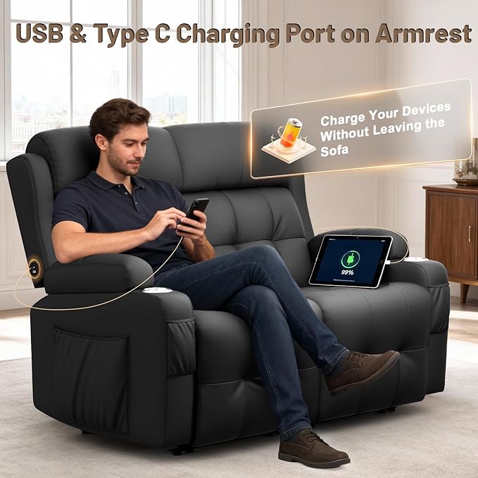 Loveseat Recliner, Oversized Reclining Loveseat, Pebble Texture Reclining Sofa With USB/Type C & Storage & Cup Holders, Recliner Couch, RV Wall Hugger Recliners Loveseat Clearance for Living Room & RV