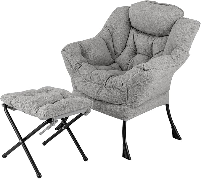 GORELAX Lazy Chair with Ottoman, Modern Accent Chair w/Armrests & Side Pocket, Upholstered Lounge Sofa Chair & Folding Footstool Set, Reading Chair for Bedroom, Living Room, Dorm Room (Plush Grey)