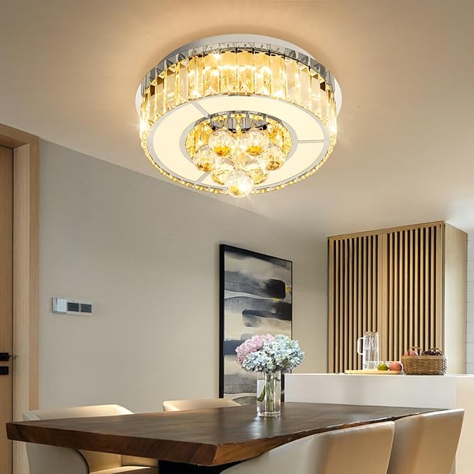11.8'' Silver Modern Crystal Chandeliers for Dining Room LED Dimmable Light Fixtures Flush Mount Light Living Room Bedrooms