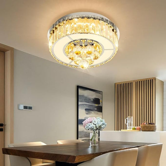 11.8'' Silver Modern Crystal Chandeliers for Dining Room LED Dimmable Light Fixtures Flush Mount Light Living Room Bedrooms