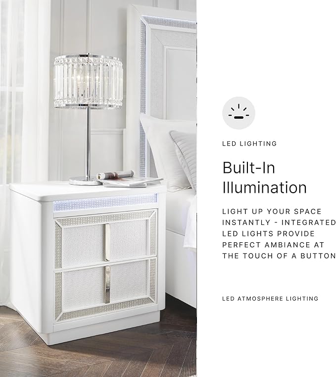 Signature Design by Ashley Chalanna Glam 2 Drawer Nightstand with Felt-Lined Top Drawer, LED Lights, Power Supply and USB Ports, 26.75" Tall, White