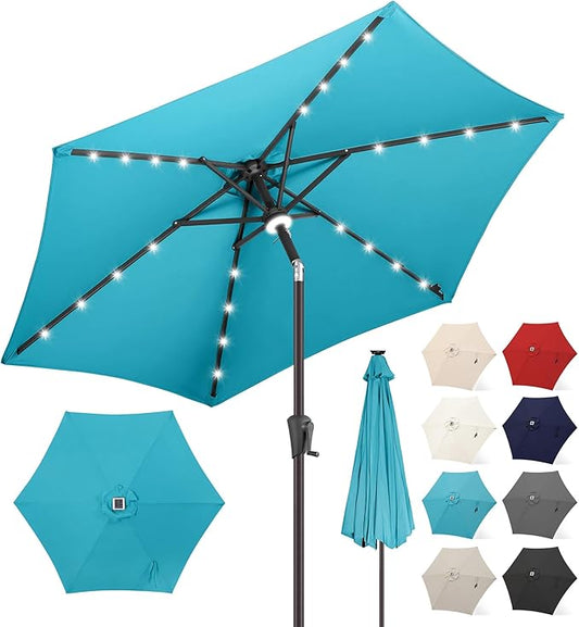 FLAME&SHADE 7.5 ft Solar Powered Outdoor Market Patio Table Umbrella with LED Lights and Tilt, Aqua Blue