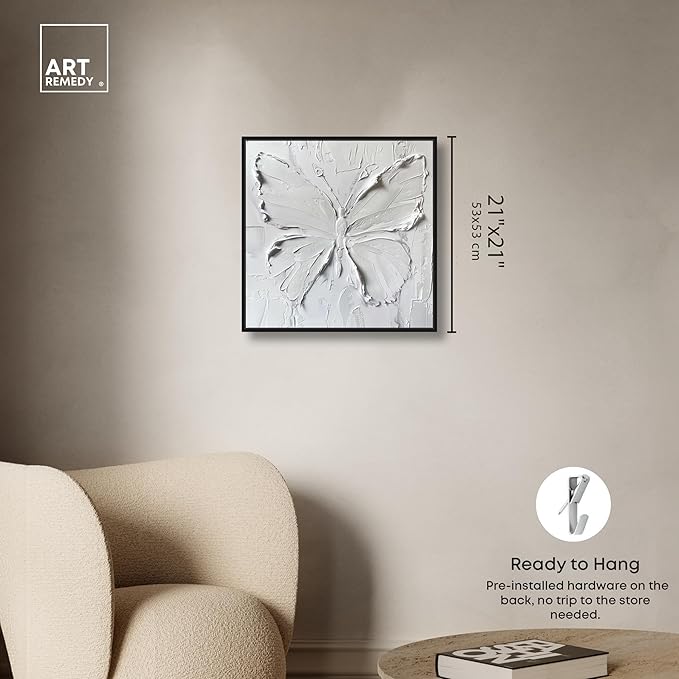Art Remedy White Butterfly Canvas Elegant White Gold Wall Art, Black Frame, 20" x 20"