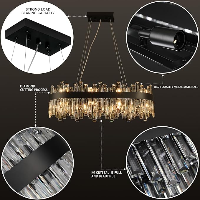 Black Crystal Chandeliers for Dining Room Lights Fixtures Over Table, 16 Lights Modern Rectangle 2-Tier Chandeliers for Kitchen Island Bar L32 Inch
