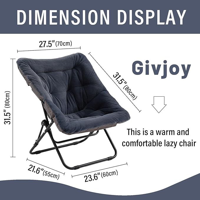 Comfy Folded Chair, Soft Faux Fur Oversized Folding Chair, Flexible Lazy Chair for Kids Girls Teens Adults, Metal Frame Moon Chair for Dorm Rooms, Bedroom, Living Room