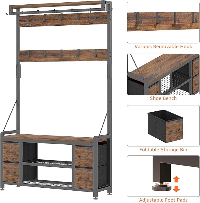 39" Hall Tree with Storage Coat Rack freestanding Entryway Furniture Bench, 5 in 1 Design Front Door Shoe Rack and Wall Rack Hooks, and 4 Drawers (Rustic Brown)