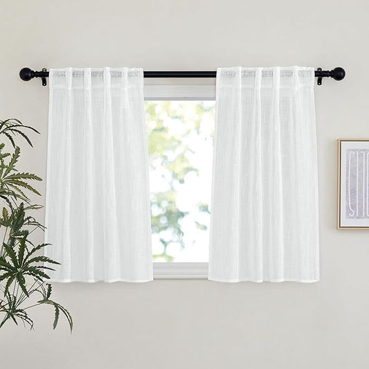 NICETOWN White Semi Sheer Kitchen Curtains 36 inch Length, Rod Pocket & Back Tab Faux Linen Blend Privacy with Light Filtering Window Drapes for Cafe, W34 x L36, 2 Panels