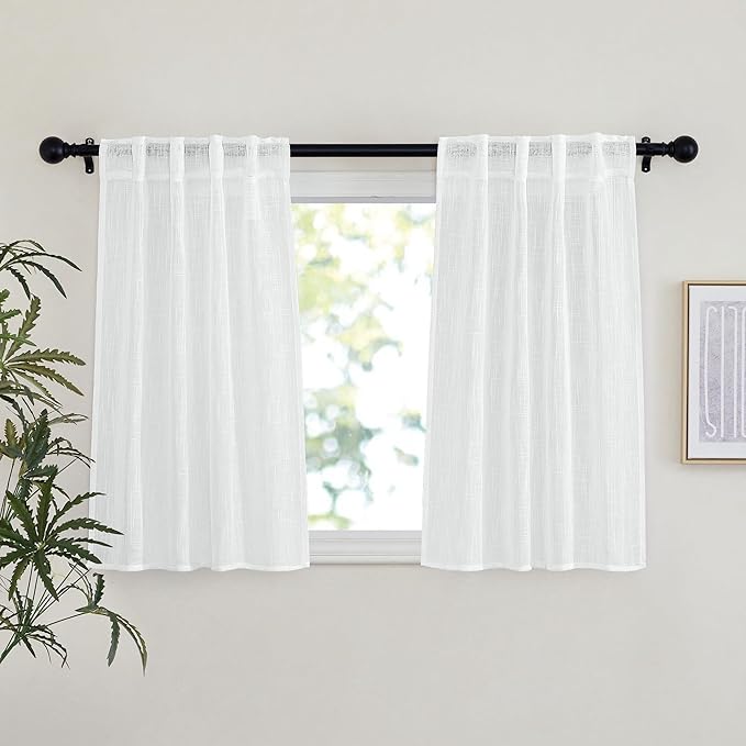 NICETOWN White Semi Sheer Linen Kitchen Curtains 36 inch Length, Rod Pocket & Back Tab Linen Weave Window Treatments Vertical Drapes Privacy with Light Through for Cafe, W29 x L36, 2 Panels