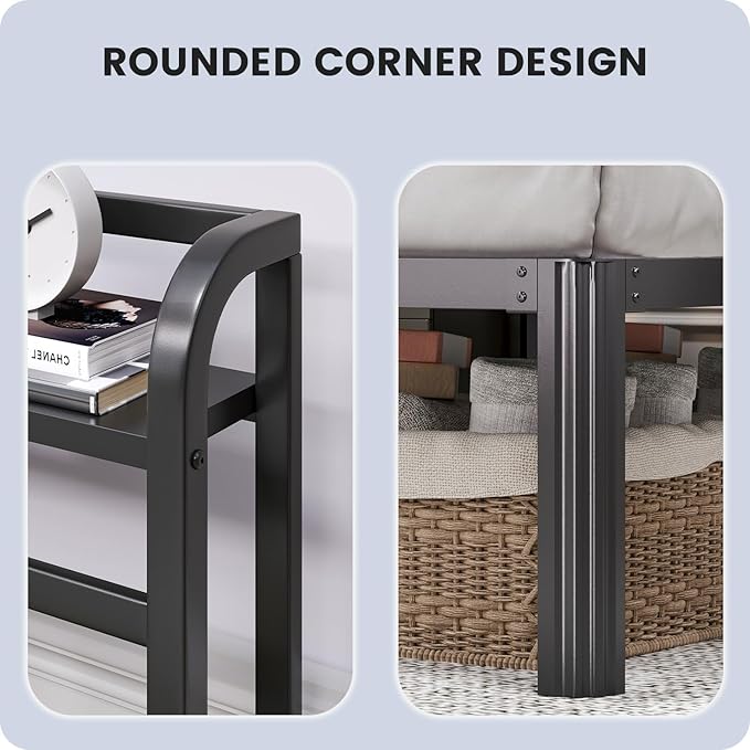 Full Size Bed Frame - Storage Headboard with Charging Station, 14 Inch Sturdy Metal Platform Bed Frame No Box Spring Needed, Easy Assembly, No Noise, Black