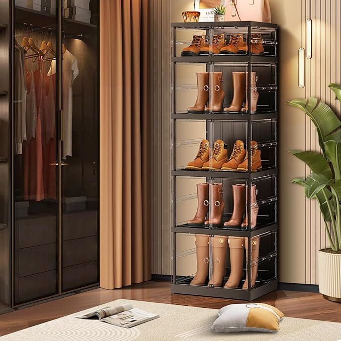 5-Tier Foldable Shoe Rack for Closet Entryway 5-10Pairs,Stackable Clear Shoe Storage Boxes Organizer with Door Plastic Shoe Cabinet Bins with Lids Shoes Shelf Easy Assembly Large Black