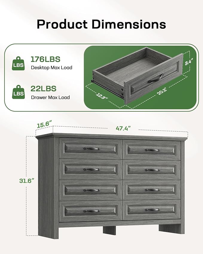 Marsail 8-Drawer Farmhouse Dresser, Solid Wood Storage Space, Sturdy Wide Chest with Smooth Glide Drawers & Anti-Slip Kit, for Bedroom or Hallway, Dark Grey