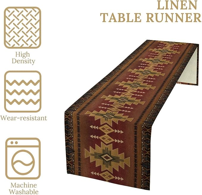 Aztec Vintage Table Runner Southwest Ethnic Style Bohemia Design Retro Geometry Triditional Garden Farmhouse Dining Table Decoration for Living Room Kitchen 13x70in