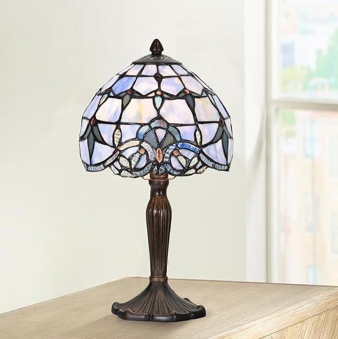 TL0006 Small Tiffany Lamp Baroque Design Handcrafted Stained Glass Table Lamp for Small Space Bedroom Bedside Nightstand Home Office, 8" W x 14.25" H, LED Bulb Included (Blue Baroque)