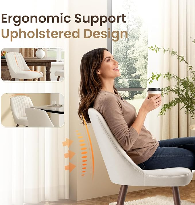 Upholstered Dining Chairs Set of 6, Modern Fabric Kitchen Chairs with Back, Wood Legs for Kitchen Dining Room Restaurant, Beige