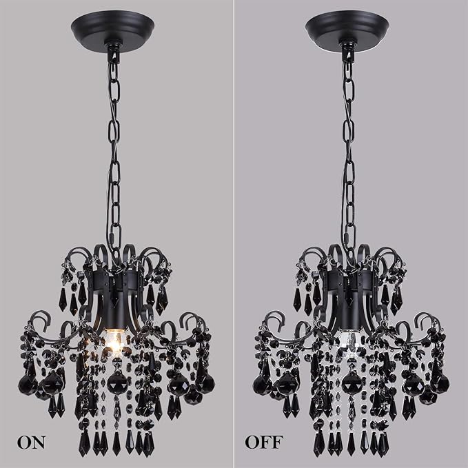 Q&S Mini Crystal Chandelier, Modern Black Small Chandelier 1-Light Crystal Pendant Light Fixture for Princess House Nursery Girls Hallway Entryway Bedroom Foyer Bathroom Kitchen W11.8 UL Listed