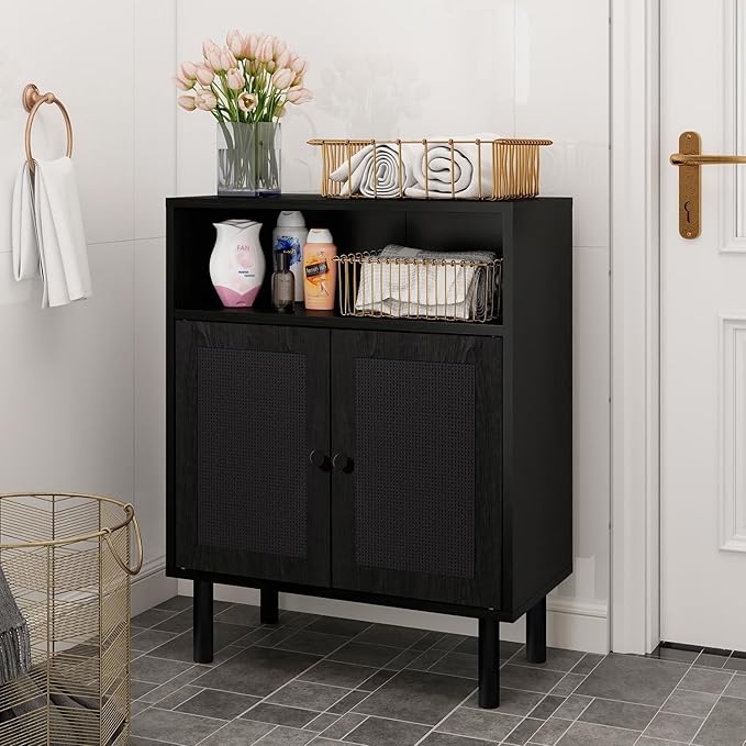 Rattan Storage Cabinet, Boho Accent Cabinet with Double Doors, Small Freestanding Sideboard for Hallway, Laundry Room,Kitchen, Dining Room, Entryway (Black)