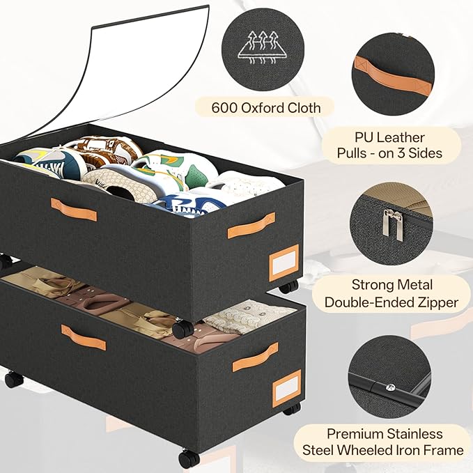 Under Bed Storage with Wheels, 12" Height Under Bed Storage Extra Deep Under Bed Storage Containers, Perfect for 14'' Bed Frame, No Assemble Metal Rolling Underbed Storage for Clothes Shoes Blankets