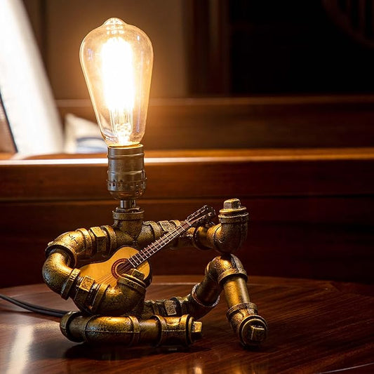 Music Guitar Table Lamp,Steampunk Table Lamp,Retro Guitars Steampunk lamp,Cool Industrial Metal Tube Robot Lamp Gifts for Music Lovers