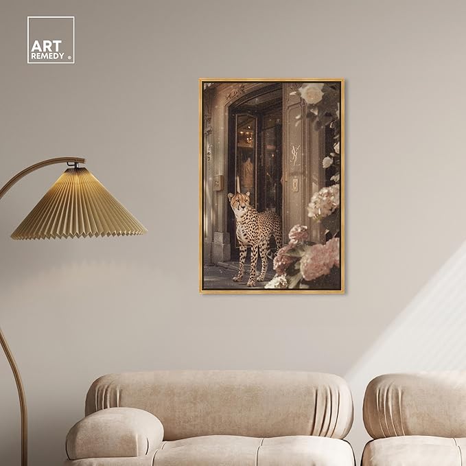 Art Remedy Cheetah at the Store Canvas Fashion Designer Wall Art, Gold Frame, 24" x 36"