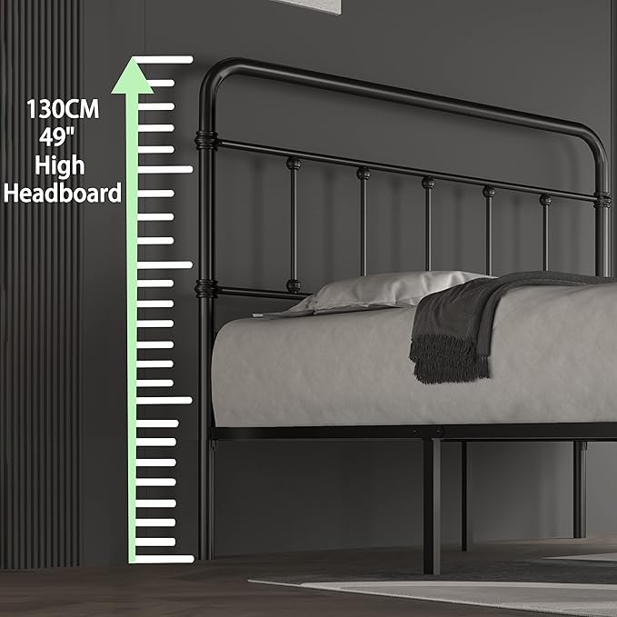 Queen-Bed-Frame-Metal Platform Bed Frame with 49" High-Headboard - Solid Quite Easy Set Up Mattress Foundation No Box Spring Needed