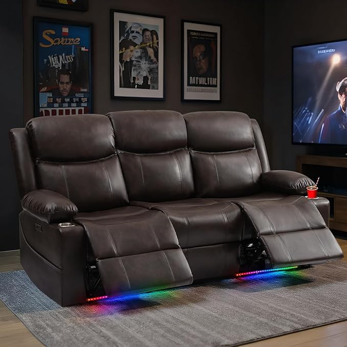 Reclining Sofa, Electric 3 Seater Recliner Sofa with Colorful Light/USB/Type C/Cup Holder, Wall Hugger RV Recliners Reclining Couch for Living Room & Home Theater