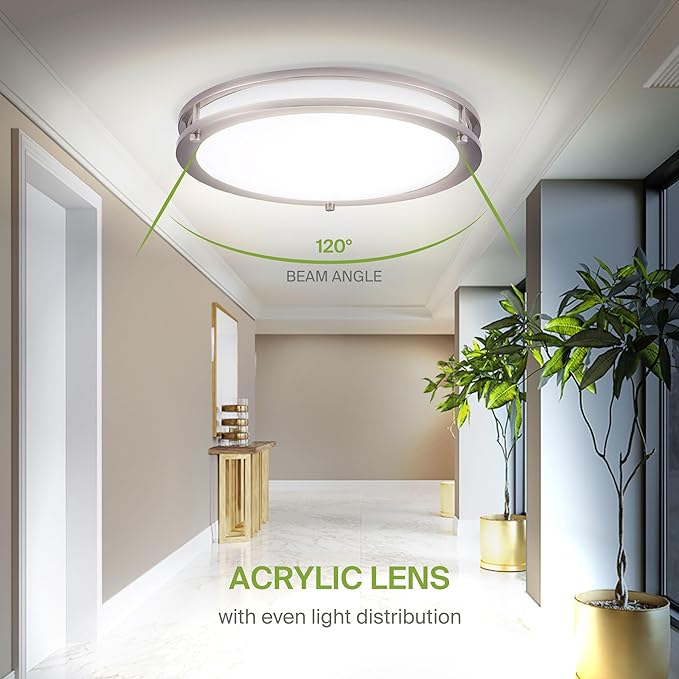 ASD LED 16" Round Flush Mount Lighting, Close to Ceiling Light Fixture | 3CCT, Dimmable, Energy Star, ETL Listed | 24W 1854LM 3000-5000K 120V | Low Profile Double Ring Lamp | Nickel