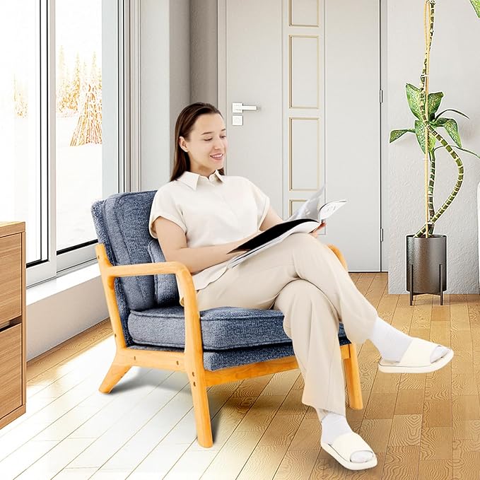 Modern Accent Chair Set of 2 with Lumbar Pillow, Relaxing Mid Century Chair Armchair with Solid Wood Frame & Soft Cushion, Reading Leisure Armchair for Living Room, Blue