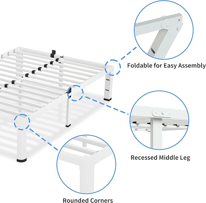 20 Inch Queen Size White Bed Frame, 3500Lbs Heavy Duty Metal Platform with Round Corner Legs Mattress Slide Stopper, Steel Slat Support No Box Spring Needed, Noise Free, Easy Assembly