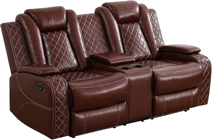 Power Recliner Sofa Set for Living Room, Leather Reclining Sofa Sets with Storage Console, Living Room Furniture Sets with LED Lights(Sofa and loveseat,Wine)