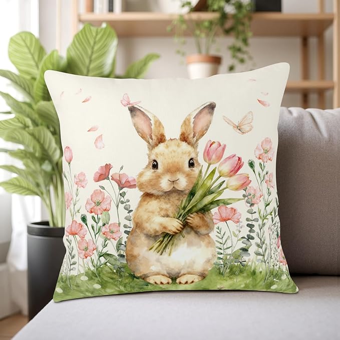 Easter Bunny Outdoor Pillow Covers 20x20 Set of 2 Watercolor Pink Flowers Pillows Cases Farmhouse Rabbit Floral Pillowcase for Sofa Couch Home Decor