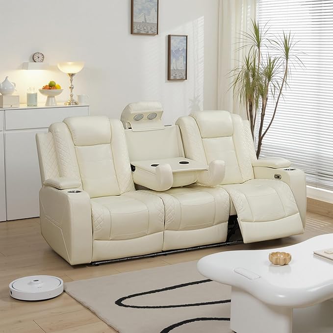 Air Leather Loveseat Power Recliner Sofa, 3 Seat Reclining Sofa with Drop Down Table,Reading Light, LED Lighting&USB Port (Cream White, Upgared)