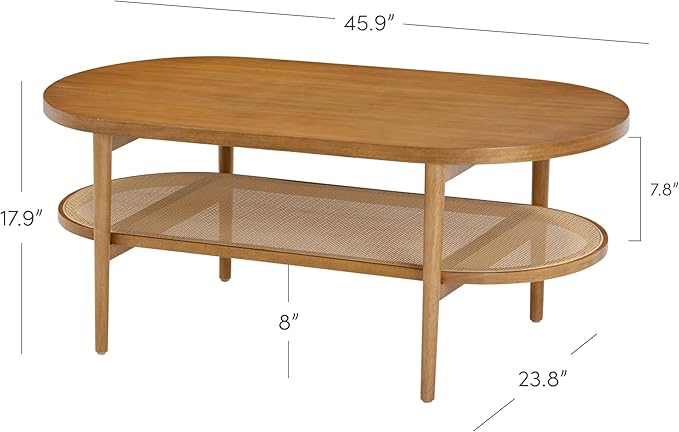 Sonia Bohemian 2-Tier Oval Coffee Table, Living Room Cane Table with Storage Shelf and Mid-Century Legs in Honey Brown Wood with Rattan Accent