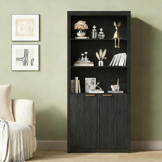 Garvee 71" Tall Bookshelf with Fluted Doors, 5 Tier Bookcase Display Shelves with Storage Cabinet & Adjustable Shelf, Mid-Century Modern Bookshelves for Home Office, Living Room, Black