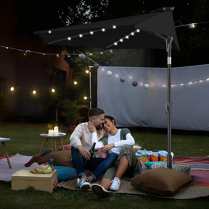 9FT Solar Half Umbrellas Outdoor - LED Half Patio Umbrella with 25 Lights, UV Protection Waterprool, Half Round Umbrella for Wall Balcony, Pool, Porch, Garden, Deck, Backyard, Black