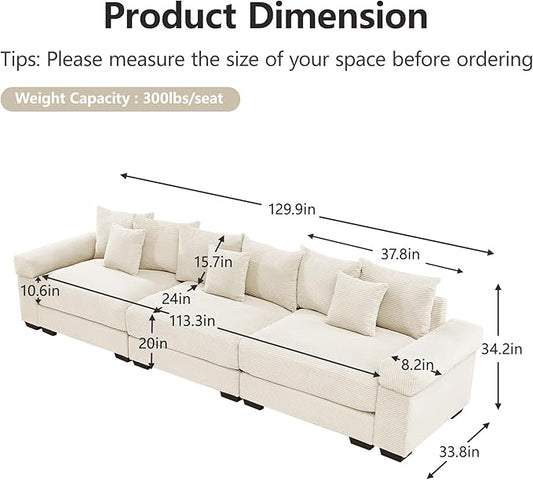 KEIKI 130" Oversized Corduroy Modular Cloud Sectional Sofa with High-Density Foam Cushions, Extra-Thick Armrest, Upholstered Modern 3-Seater Fluffy Corner Couch with 9 Pillow, for Living Room, Beige