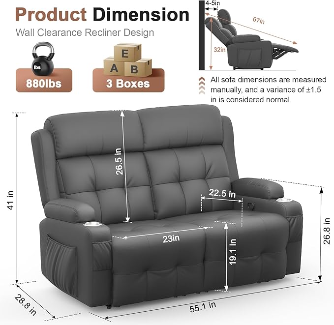 Loveseat Recliner, Oversized Reclining Loveseat, Massage Reclining Sofa With USB Port & Storage & Cup Holders, Recliner Couch, RV Wall Hugger Recliners Loveseat Clearance for Living Room & RV Camper