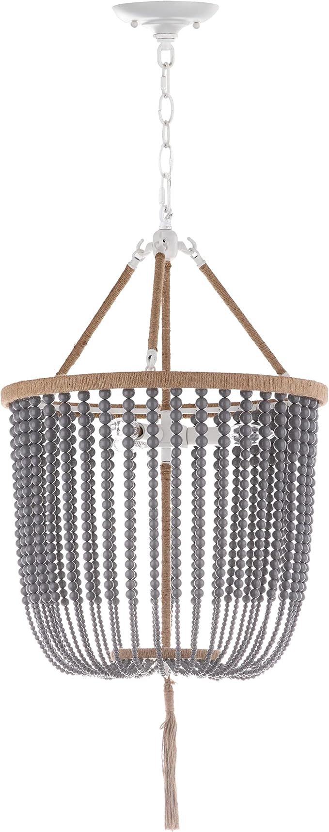 SAFAVIEH Lighting Collection – Angie Boho Farmhouse Grey 3-Light Beaded Adjustable Pendant Chandelier with Tassel, LED Bulbs Included (LIT4476C)