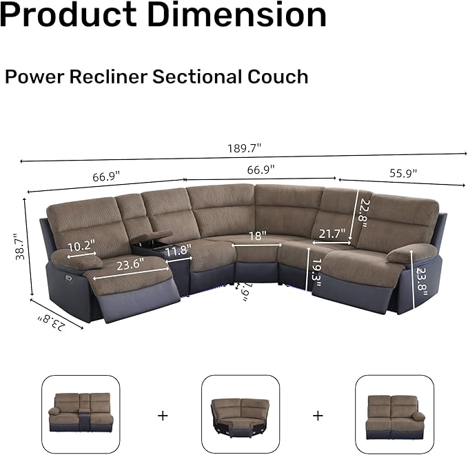 Power Reclining Sectional Sofa, 5 Seat Sectional Couch with Recliners, Soft Corduroy & Breathing Leather Sectional with 2 Recliners,USB Charging Ports,LED Light Strip, Living Room Furniture Set | Breathable material, LED Lighting