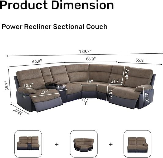 Power Reclining Sectional Sofa, 5 Seat Sectional Couch with Recliners, Soft Corduroy & Breathing Leather Sectional with 2 Recliners,USB Charging Ports,LED Light Strip, Living Room Furniture Set | Breathable material, LED Lighting