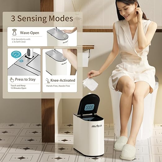 MRBIN Motion Sensor Bathroom Trash Can and Disposable Toilet Brush Holder Set, 1.8 Gallon Slim Touchless Small Garbage Pail, Toilet Smart Waste Basket with Lid and Odor Filter, Cream White