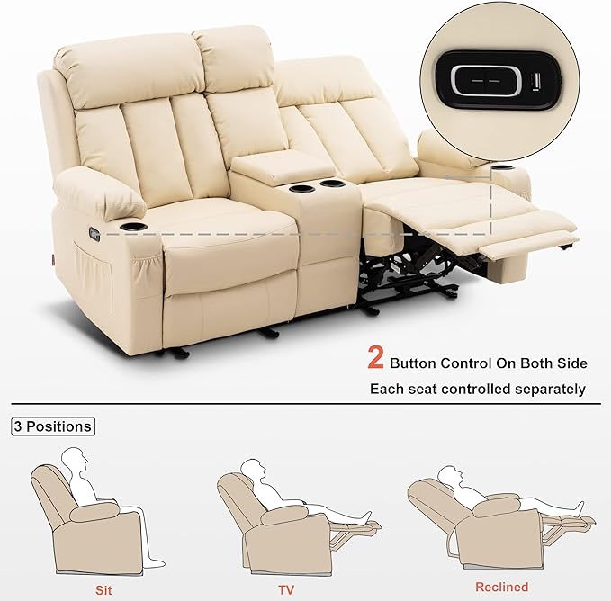 MCombo Zero Gravity Loveseat Recliner with Console, Heat and Massage, Power Reclining Sofa for Living Room, Faux Leather 6095 (Cream White, Loveseat Recliner with Console)