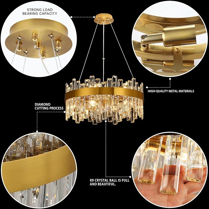Crystal Chandeliers for Dining Room Lights Fixtures, 12 Lights Luxury Gold Modern Chandeliers for Bedroom, 2-Tier Round Crystal Lighting Fixtures for Living Room Entryway Kitchen Island D20 Inch