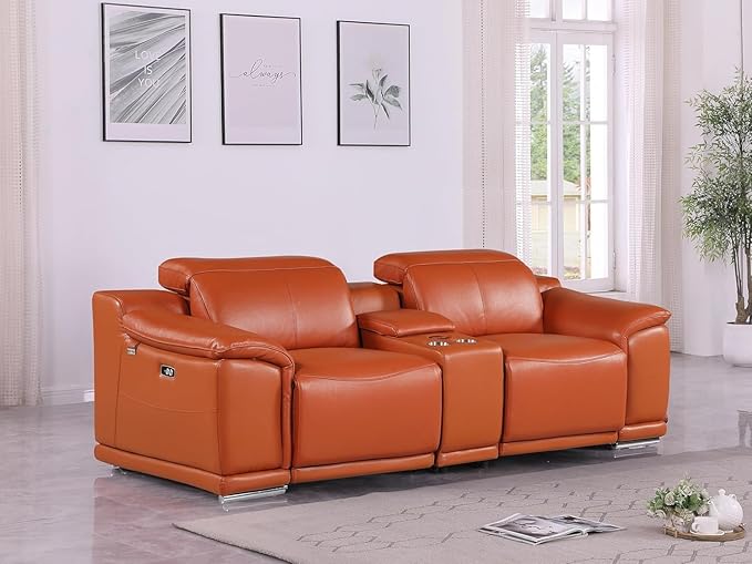 BlackJack Furniture Venice Top Grain Italian Leather Power Recline Loveseat Sofa - 93" Theater Seating Modern Couch for Living Room Apartment Lounge Home with Adjustable Headrests & USB Port, Camel