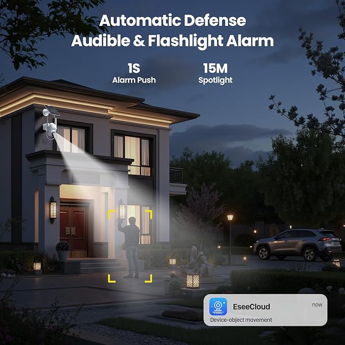 Solar Security Cameras Wireless Outdoor, 4 Cam-Kit, Solar-Powered, 2K Cameras for Home Security System, 360° Pan & Tilt, Color Night Vision, Motion Detection, 64GB Memory Card, No Monthly Fee