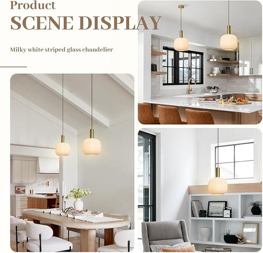 Milk Glass Pendant Light, Mid Century Modern Pendant Lighting with Striped Glass Globe, White and Gold Pendant Ceiling Light Fixture for Kitchen Island Dining Room Bedroom Hallway