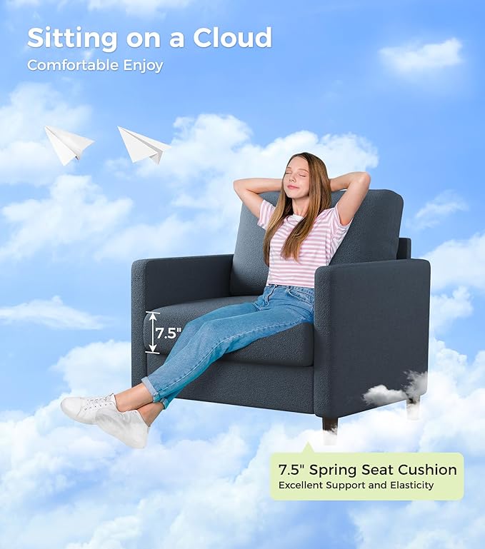 Welzona Sofa Accent Chair, 33" Reading Chair for Bedroom, Tool-Free Setup Living Room Accent Chairs, Comfy Arm Chairs Living Room, All-Wood Reading Nook, Blue Grey
