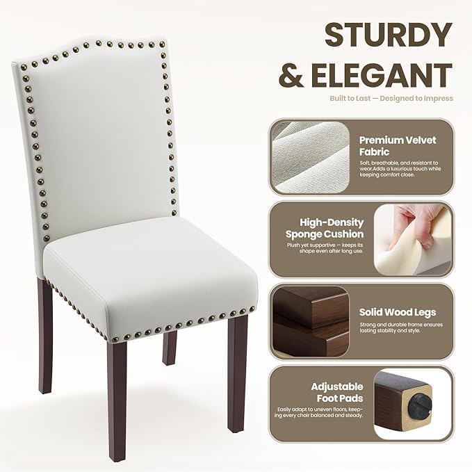 Dining Chairs Set of 4, Soft Comfortable Upholstered Parsons Chairs with High-Density Cushion & Solid Wood Legs, Classic Nailhead Trim for Dining Room, Kitchen, Living Room – Beige