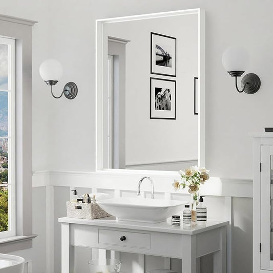24x36 Inch White Bathroom Mirrors for Over Sink, Rectangle Wall Vanity Mirror, Aluminum Framed Bathroom Mirror, Anti-Rust, Tempered Glass (Horizontal/Vertical)