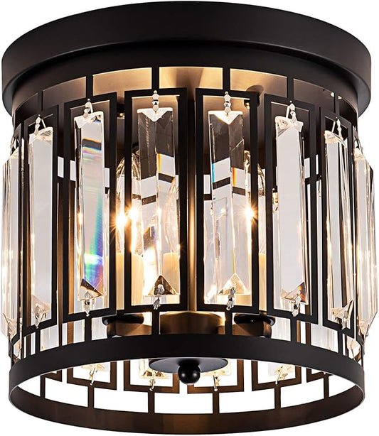 Elegant Crystal Flush Mount Chandelier Light Fixture with K9 Crystal, 3 Light Modern Close to Ceiling Light for Kitchen Hallway Dining Room Living Room E12 Base Black